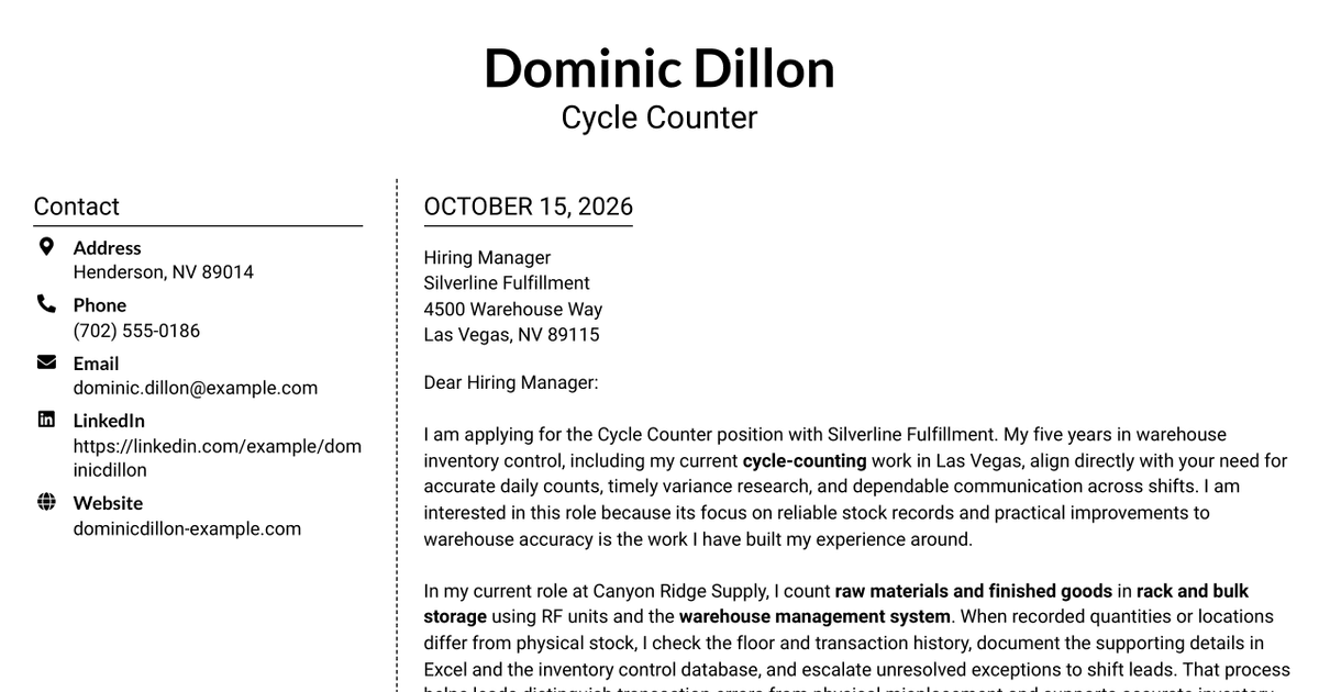 7 Cycle Counter - Inventory Control Cover Letter Templates with Example