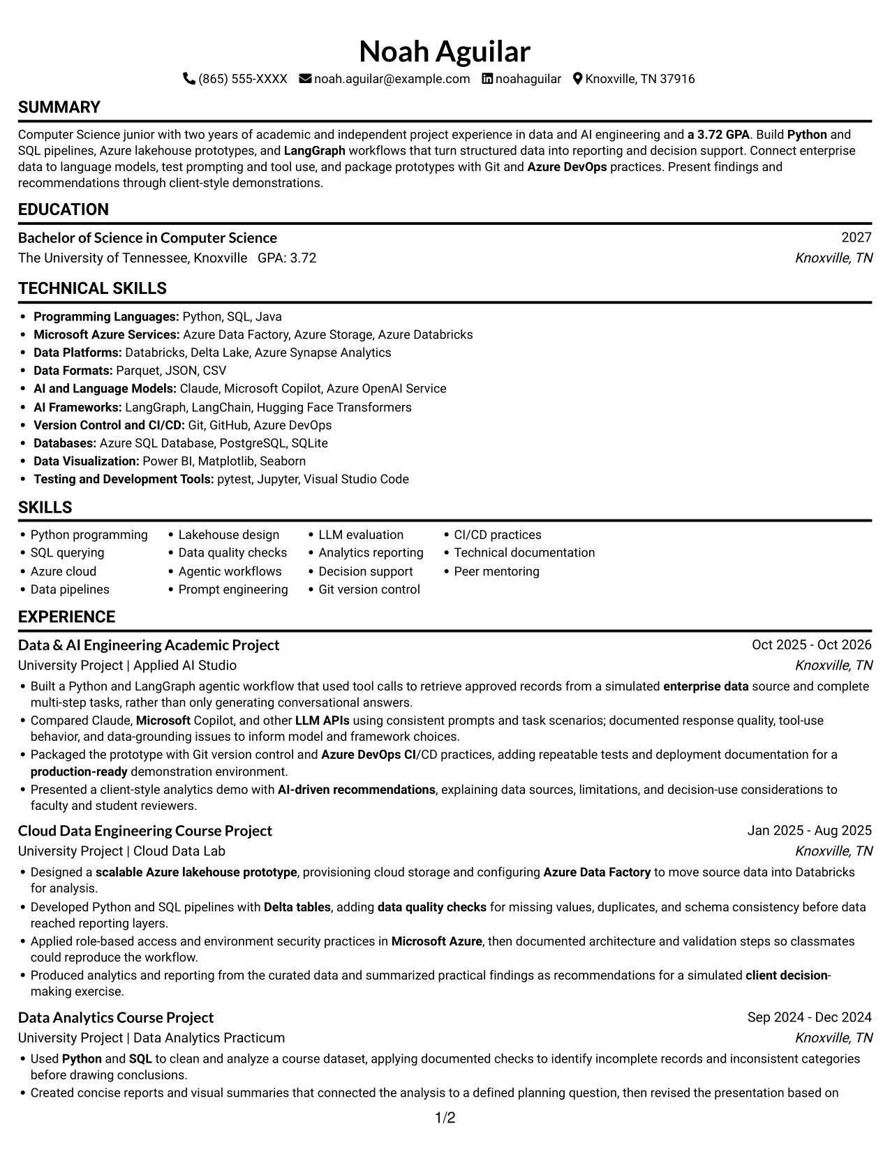 Data & AI Engineering Intern resume, page 1