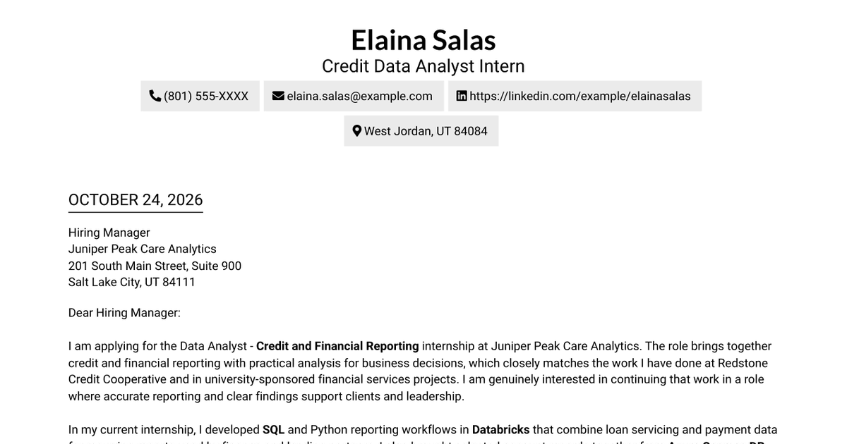 Data Analyst - Credit and Financial Reporting Cover Letter