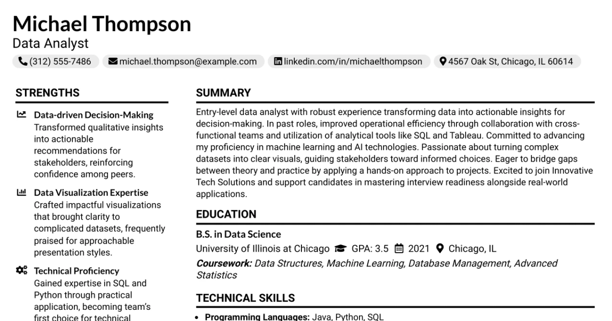 33 Data Analyst/Engineer - Entry Level Resume Templates with Example 2026 (ATS-Optimized)