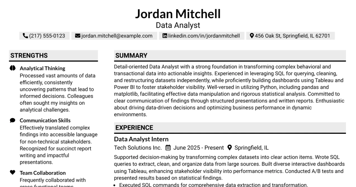 33 Data Analyst (Entry / Mid-Level) Resume Templates with Example 2026 (ATS-Optimized)