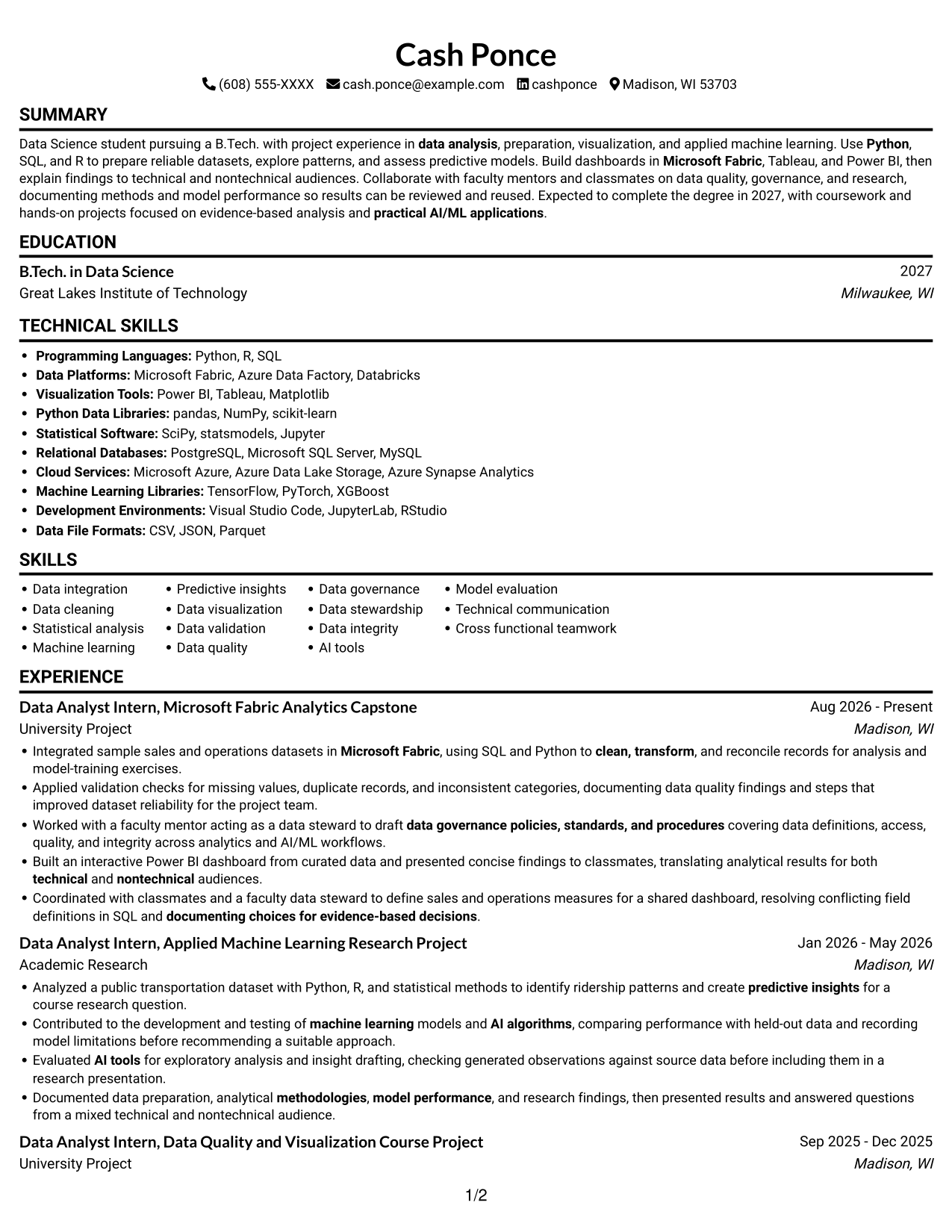 Data Analyst Intern - Data Science resume, page 1