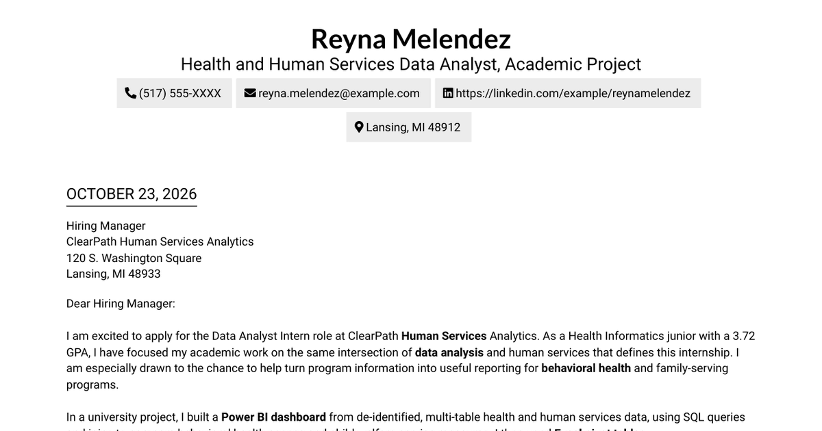7 Data Analyst Intern - Human Services Analytics Cover Letter Templates with Example