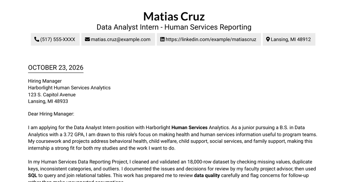 7 Data Analyst Intern - Human Services Reporting Cover Letter Templates with Example