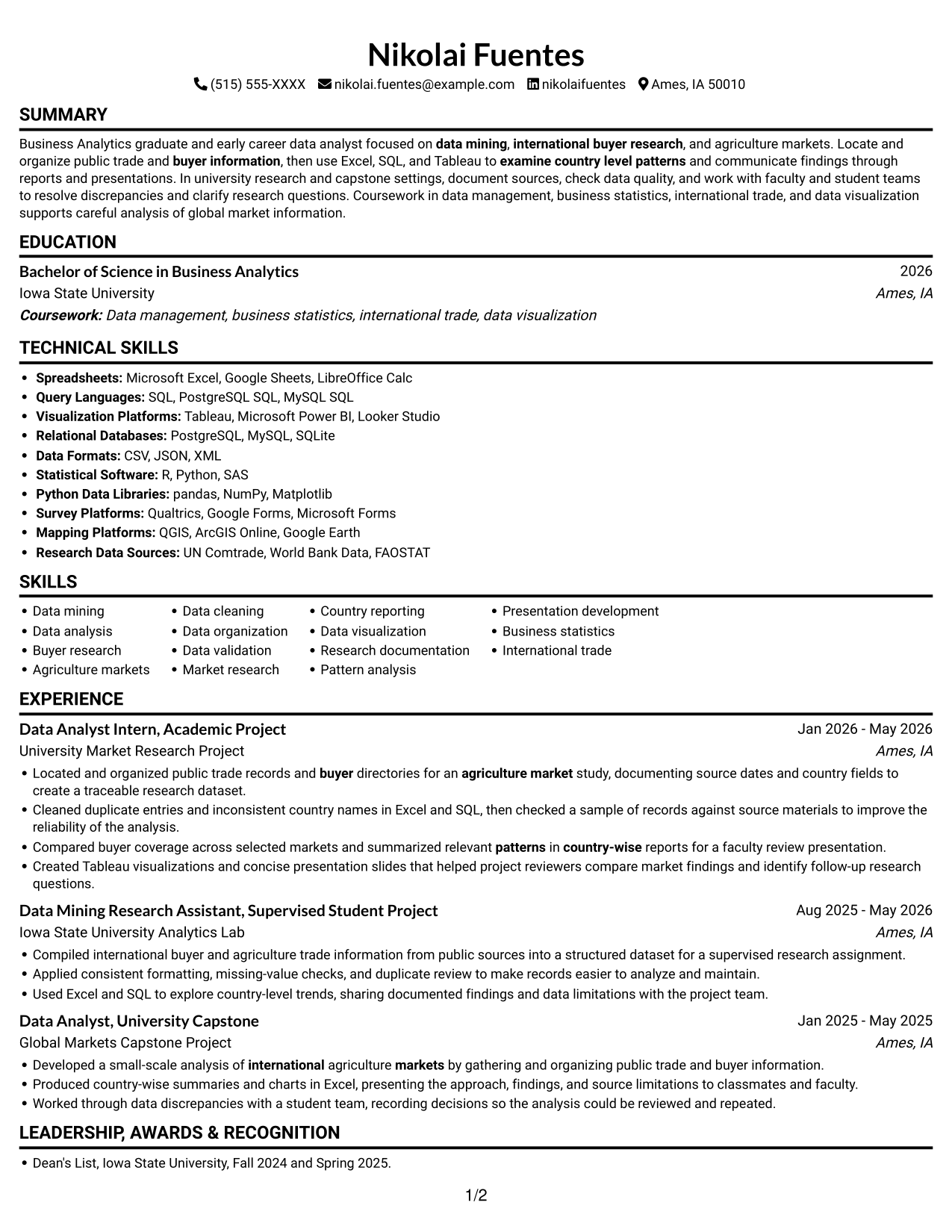 Data Analyst Intern - International Buyer Research resume, page 1