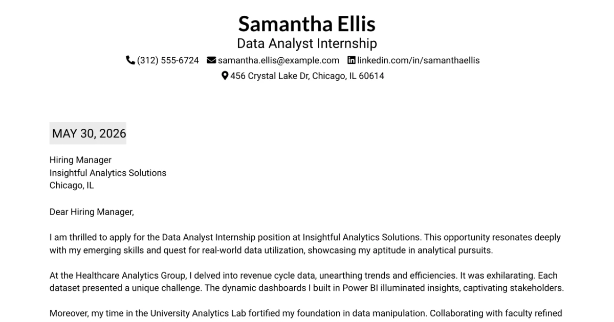 30+ Data Analyst Internship Cover Letter Templates with Example 2026