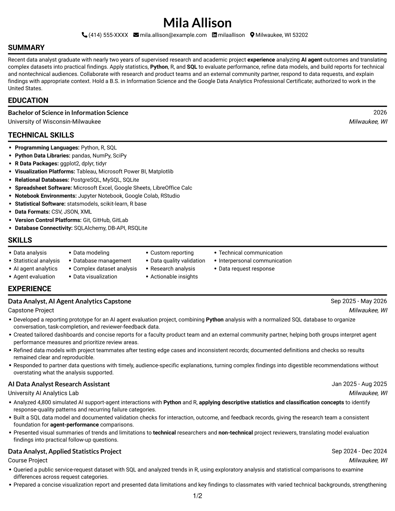 Data Analyst, New Grad - AI Agent Analytics resume, page 1
