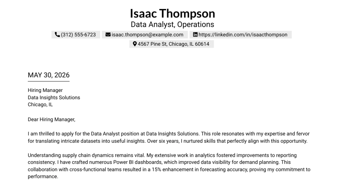 30+ Data Analyst, Operations Cover Letter Templates with Example 2026