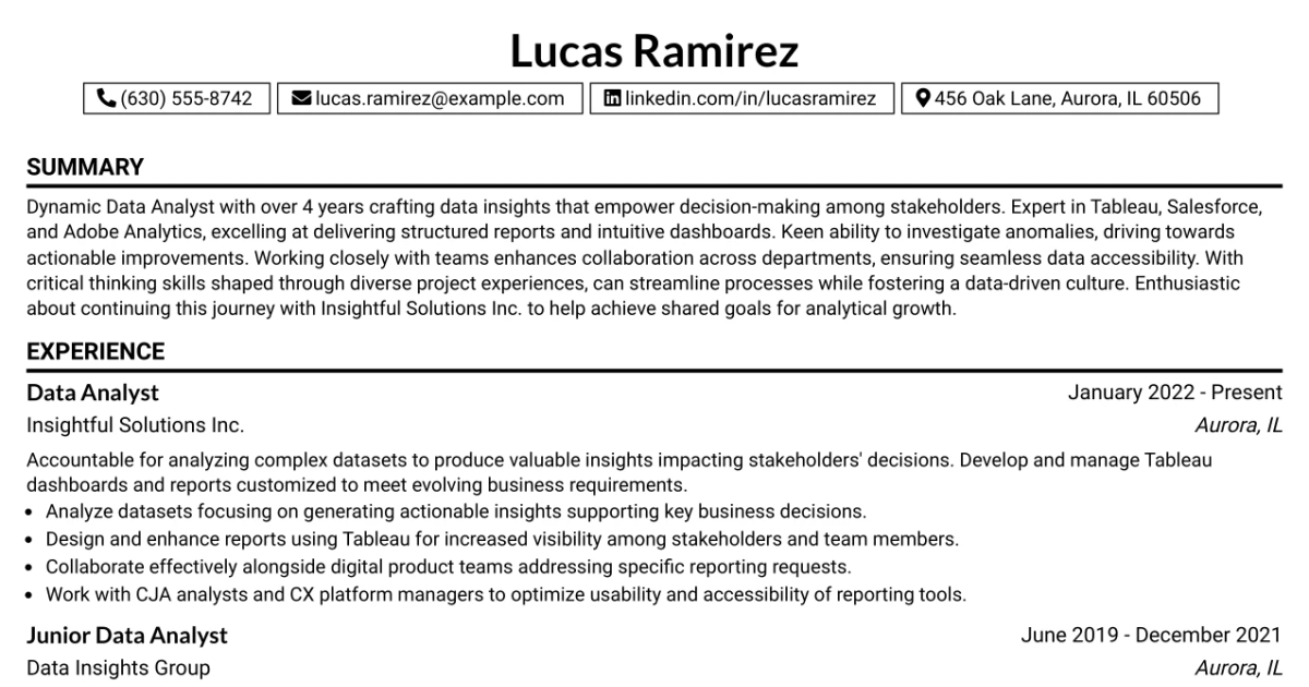 33 Data Analyst with Tableau or Salesforce, Adobe Analytics Resume Templates with Example 2026 (ATS-Optimized)