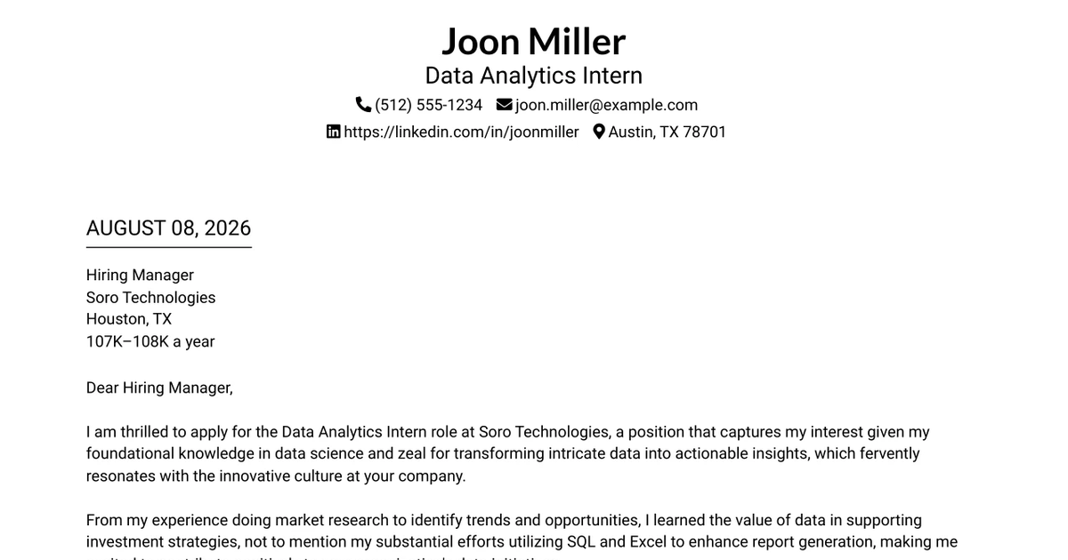 30+ Data Analytics Intern Cover Letter Templates with Example 2026