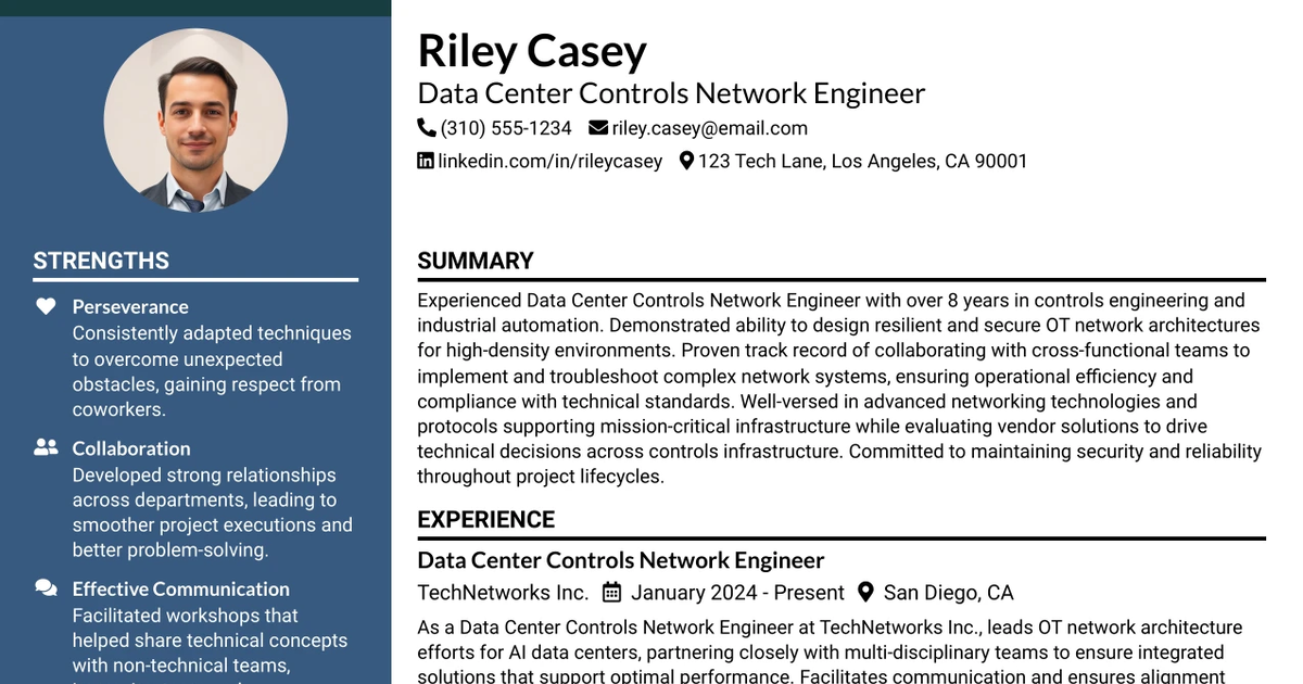 33 Data Center Controls Network Engineer Resume Templates with Example 2026 (ATS-Optimized)