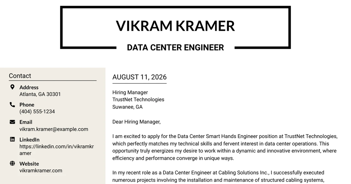 30+ Data Center Engineer Cover Letter Templates with Example 2026