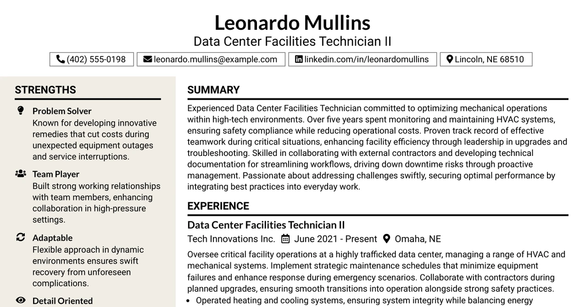33 Data Center Facilities Technician II Resume Templates with Example 2026 (ATS-Optimized)