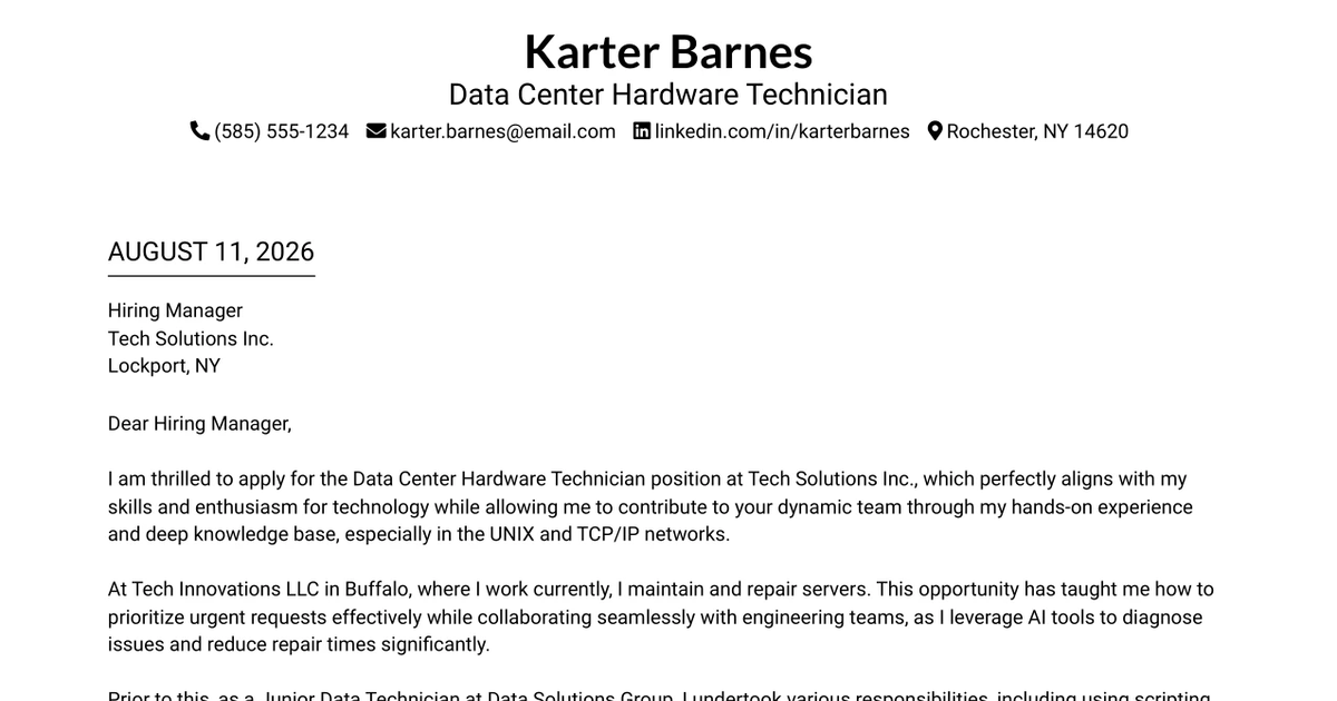 30+ Data Center Hardware Technician Cover Letter Templates with Example 2026