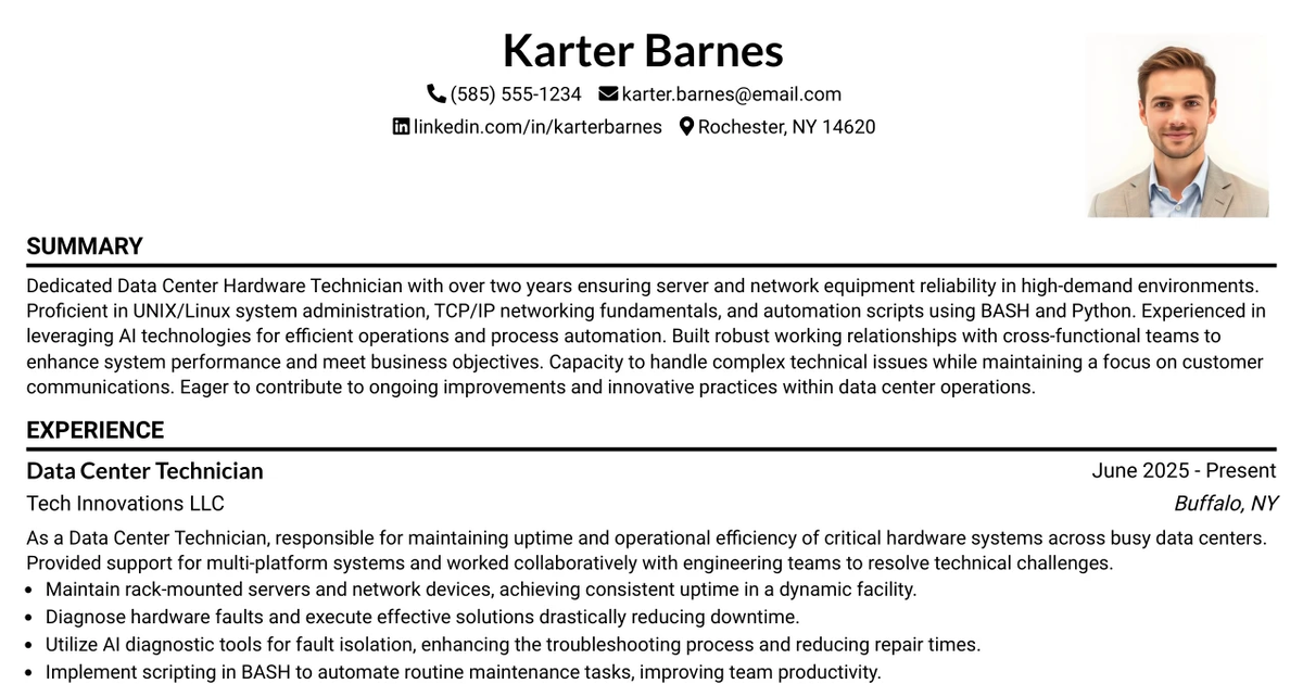 33 Data Center Hardware Technician Resume Templates with Example 2026 (ATS-Optimized)