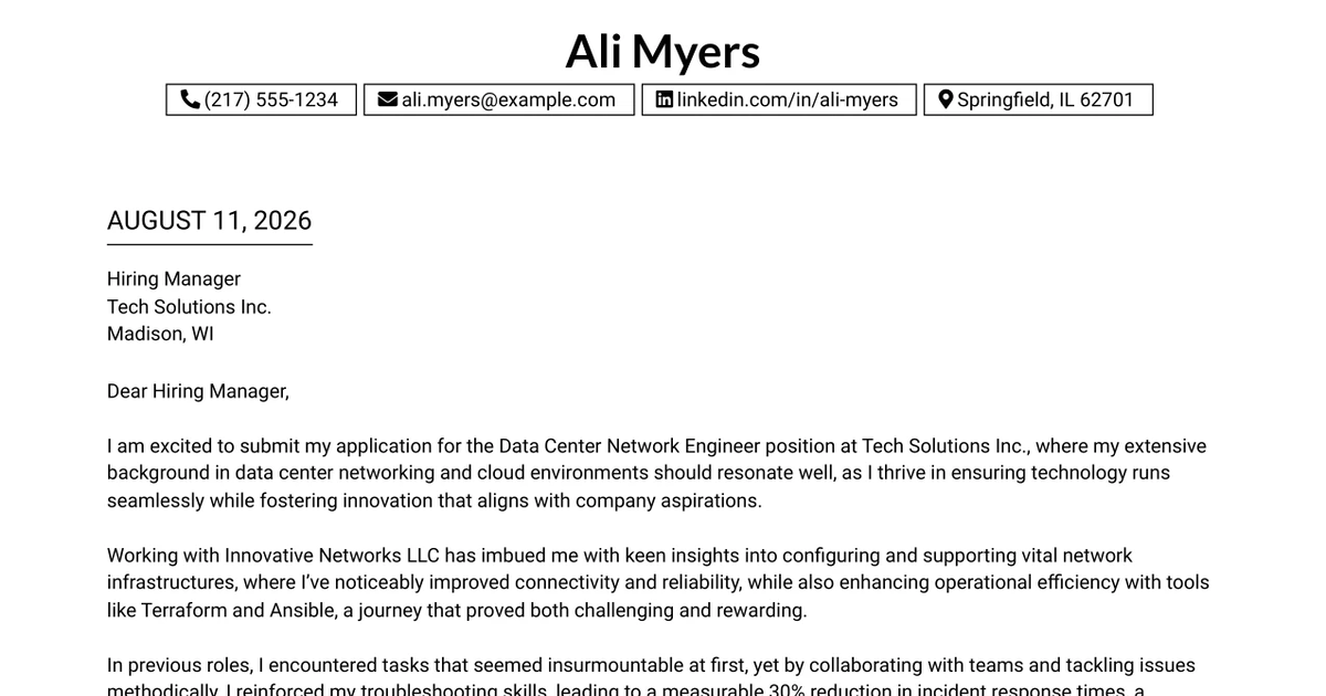 30+ Data Center Network Engineer Cover Letter Templates with Example 2026