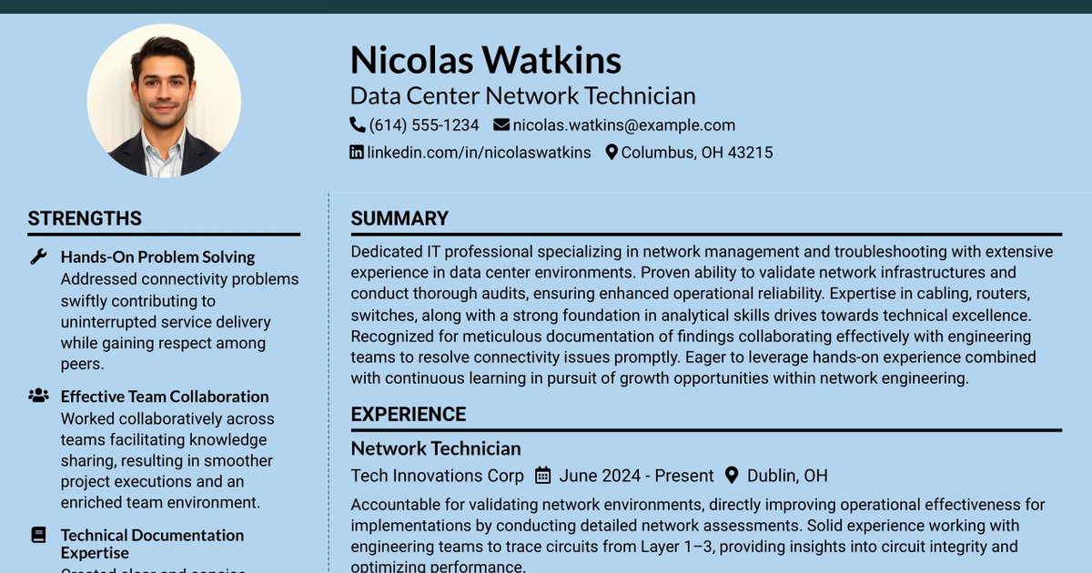 33 Data Center Network Technician Resume Templates with Example 2026 (ATS-Optimized)
