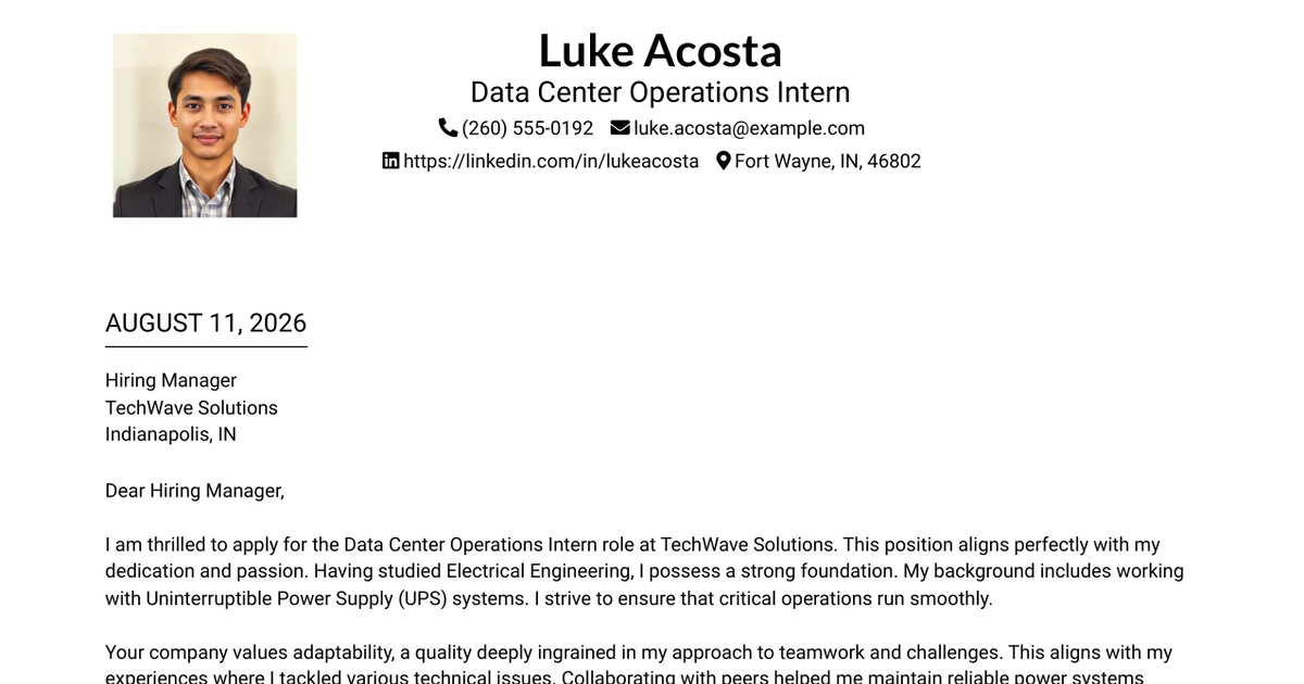 30+ Data Center Operations Intern Cover Letter Templates with Example 2026