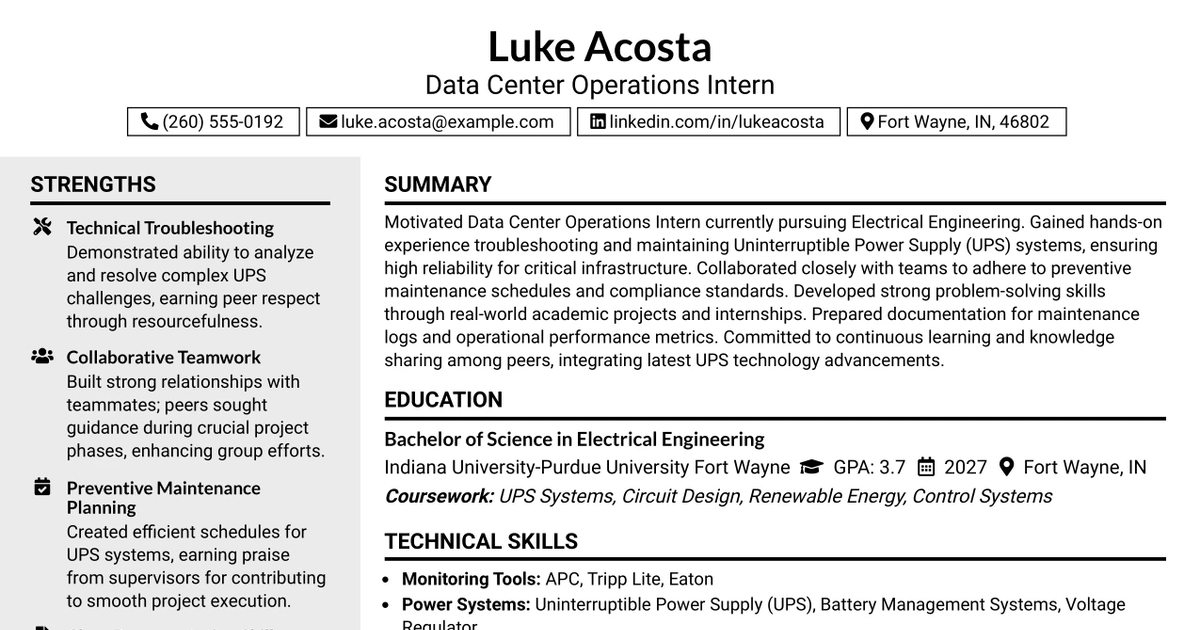 33 Data Center Operations Intern Resume Templates with Example 2026 (ATS-Optimized)