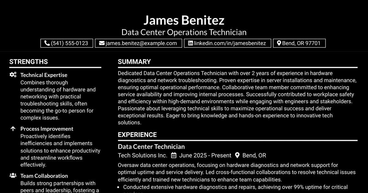 33 Data Center Operations Technician Resume Templates with Example 2026 (ATS-Optimized)