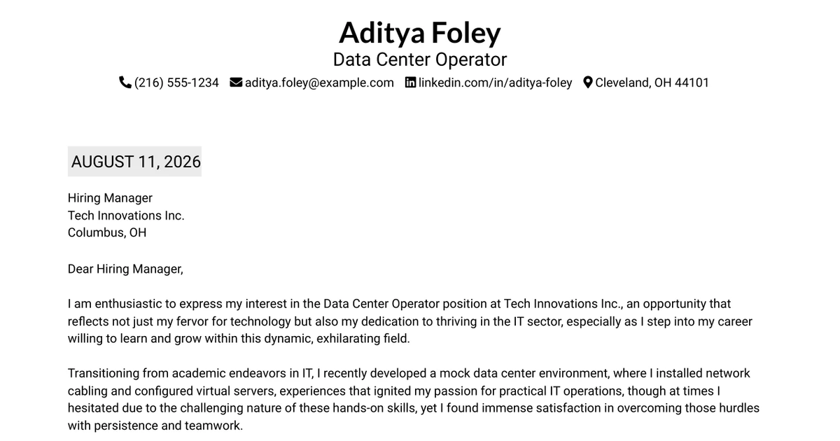 30+ Data Center Operator Cover Letter Templates with Example 2026