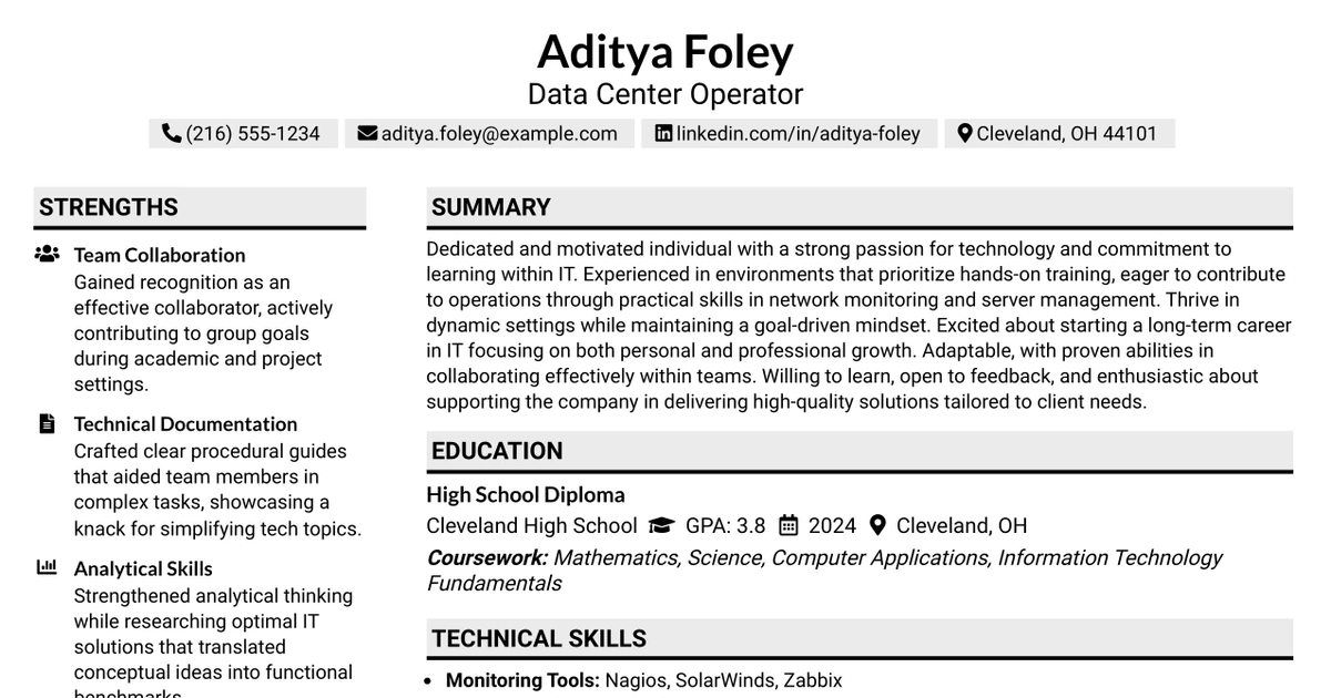 33 Data Center Operator Resume Templates with Example 2026 (ATS-Optimized)
