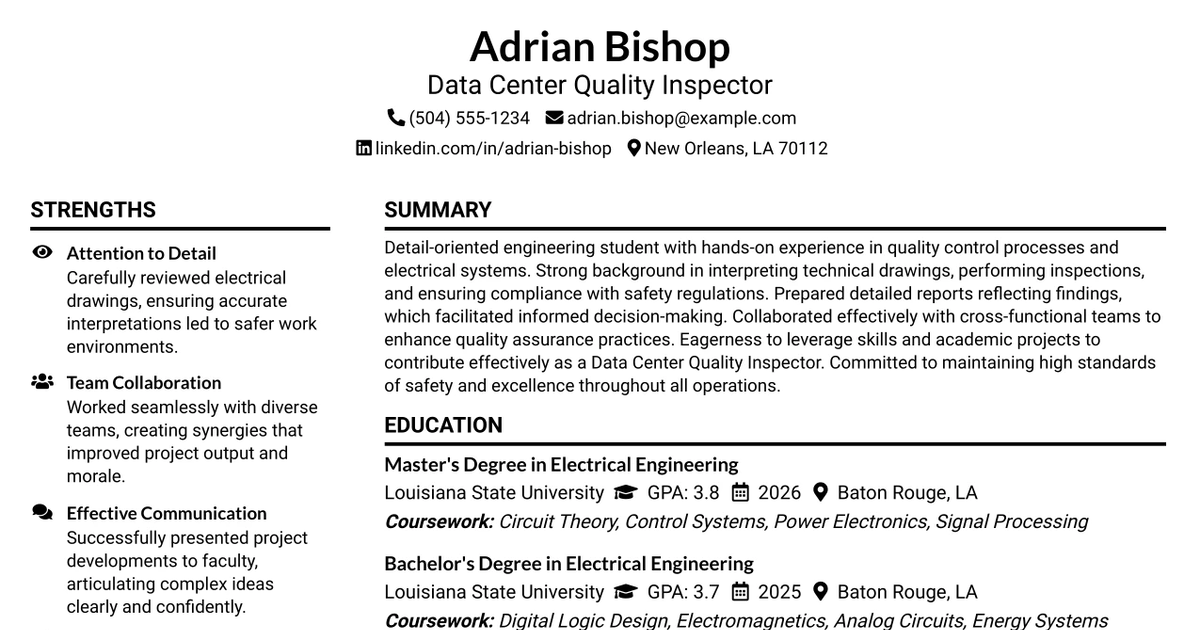 33 Data Center Quality Inspector Resume Templates with Example 2026 (ATS-Optimized)