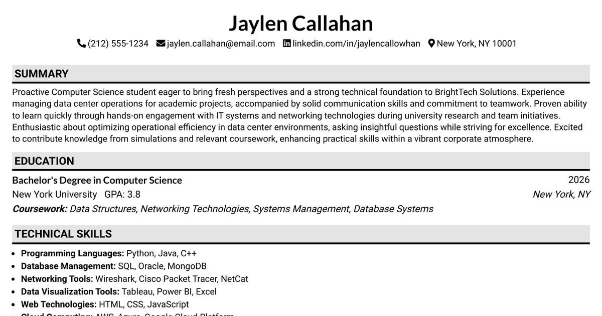 33 Data Center Technician Intern Resume Templates with Example 2026 (ATS-Optimized)