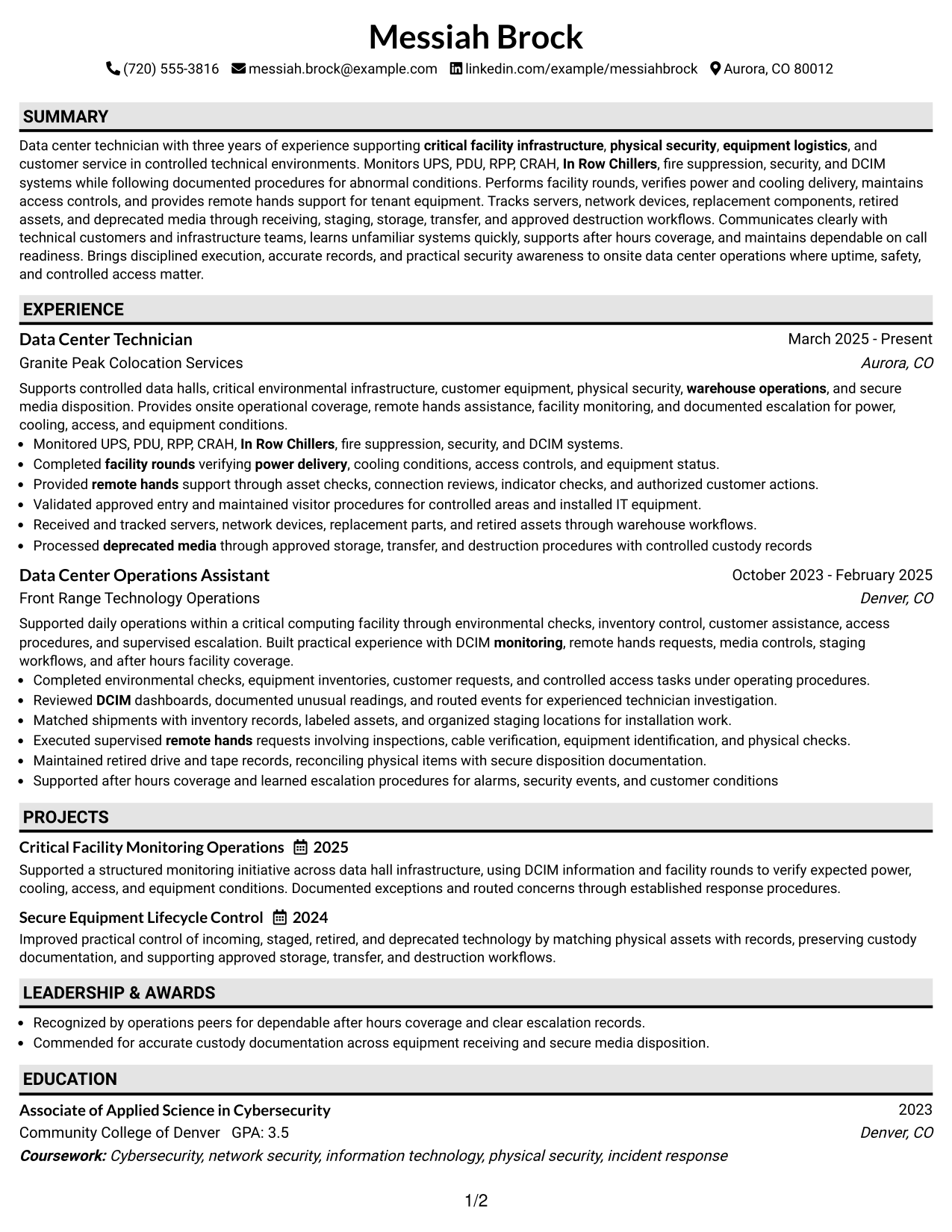 Resume Example Page 1