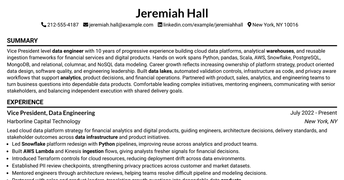 7 Data Engineer - Vice President Resume Templates with Example