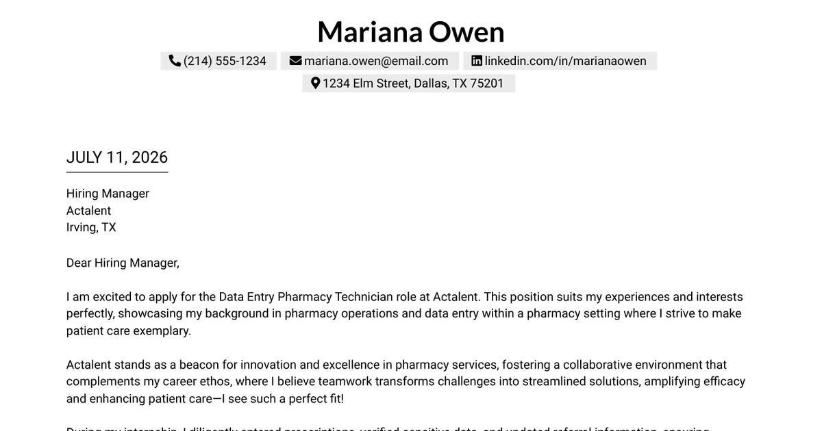 30+ Data Entry Pharmacy Technician Cover Letter Templates with Example 2026
