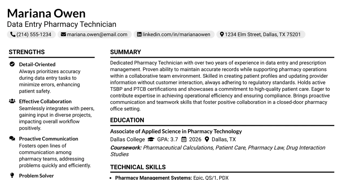 33 Data Entry Pharmacy Technician Resume Templates with Example 2026 (ATS-Optimized)