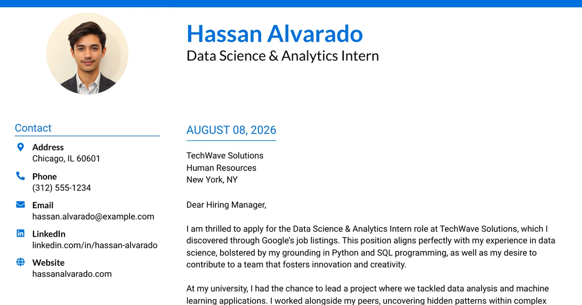 30+ Data Science & Analytics Intern Cover Letter Templates with Example 2026