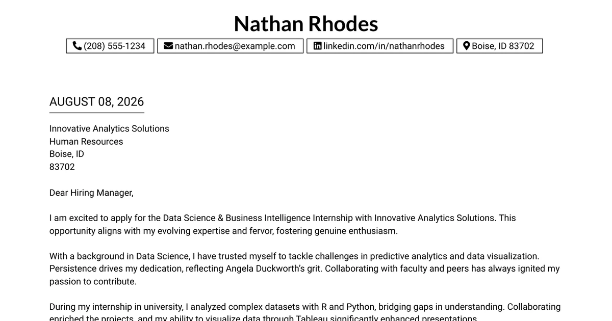 30+ Data Science & Business Intelligence Internship Cover Letter Templates with Example 2026