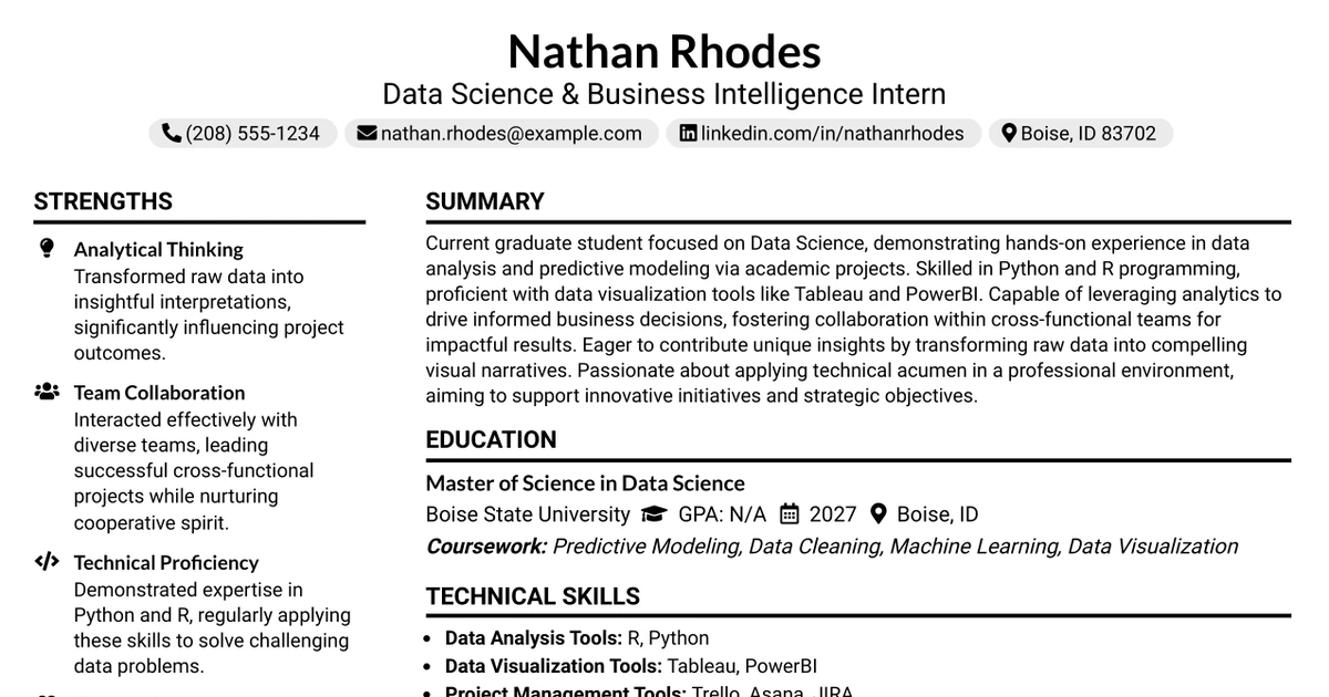 33 Data Science & Business Intelligence Internship Resume Templates with Example 2026 (ATS-Optimized)