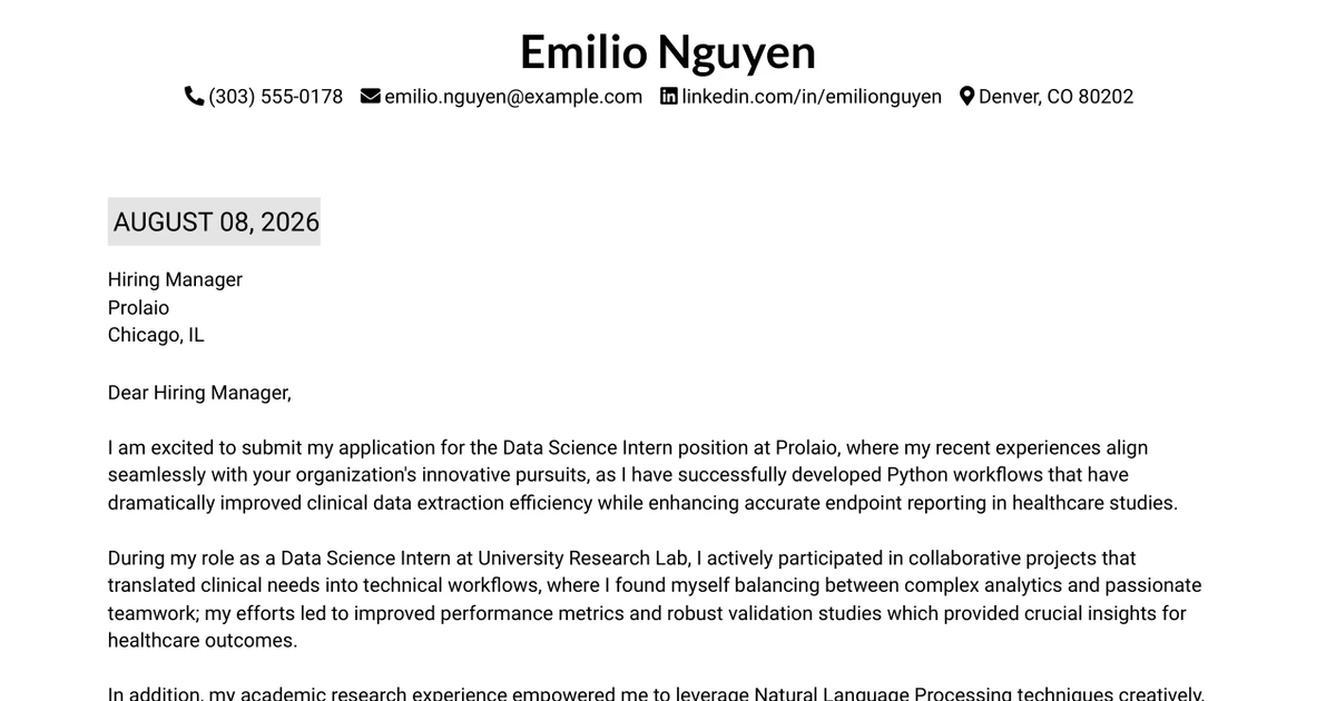 30+ Data Science Intern Cover Letter Templates with Example 2026
