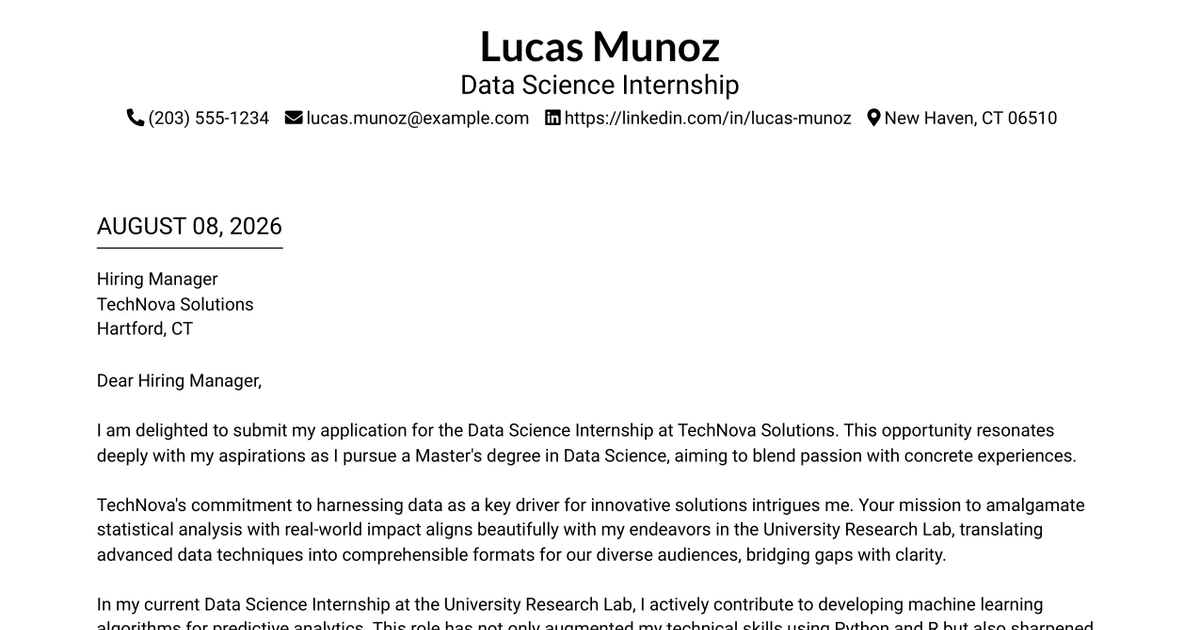 30+ Data Science Internship Cover Letter Templates with Example 2026