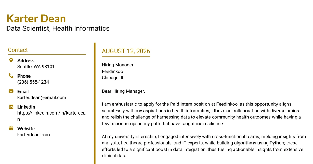 30+ Data Scientist, Health Informatics Cover Letter Templates with Example 2026