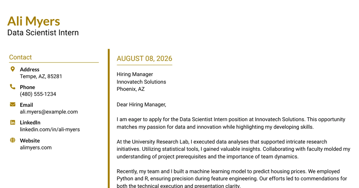 30+ Data Scientist Intern Cover Letter Templates with Example 2026