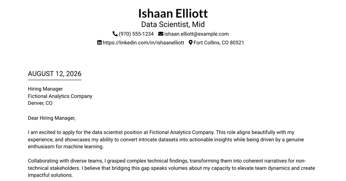 30+ Data Scientist, Mid Cover Letter Templates with Example 2026