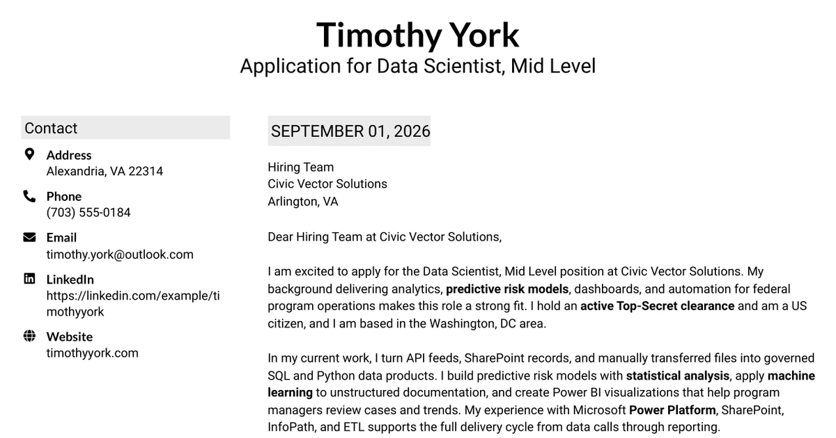 30+ Data Scientist, Mid Level Cover Letter Templates with Example 2026
