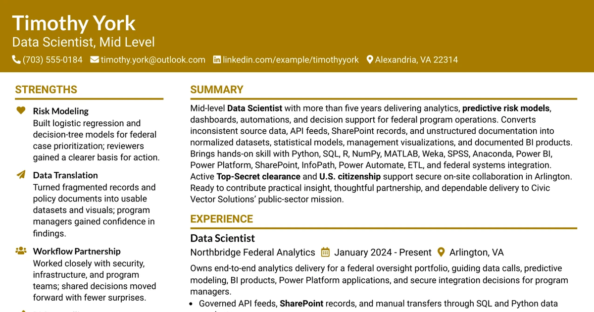33 Data Scientist, Mid Level Resume Templates with Example 2026 (ATS-Optimized)