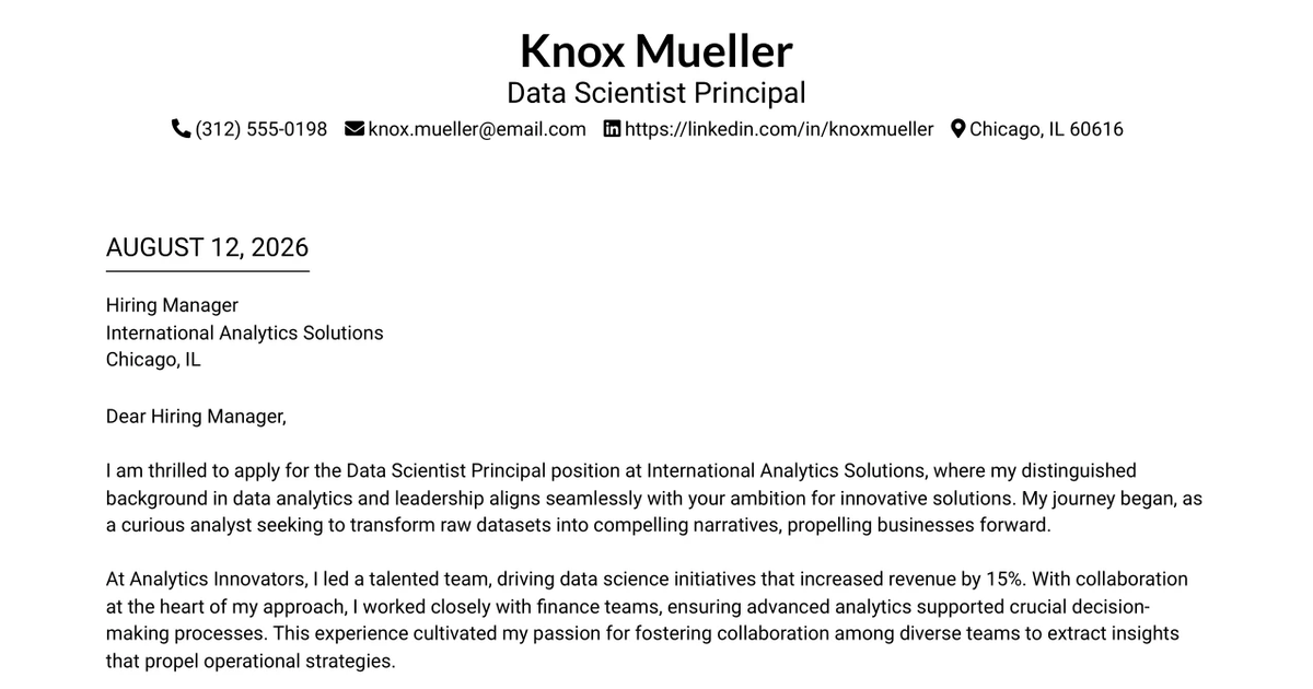 30+ Data Scientist Principal Cover Letter Templates with Example 2026