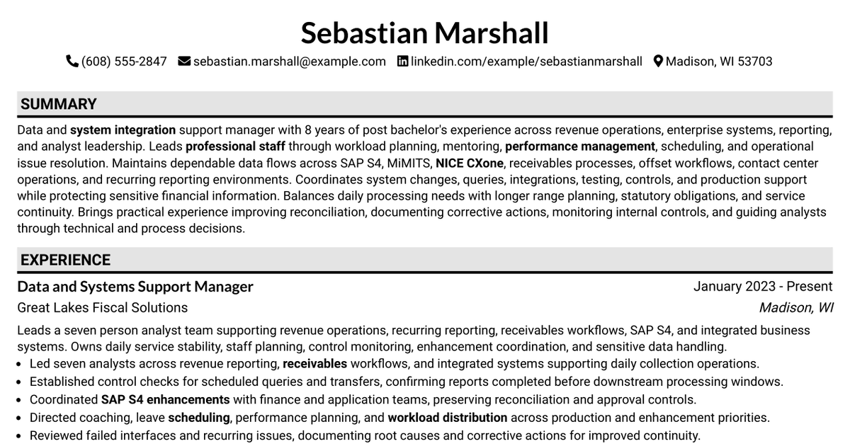 7 Data & System Integration Support Manager Resume Templates with Example