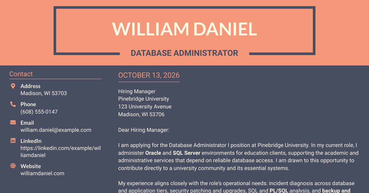 7 Database Administrator I - Oracle and SQL Server Cover Letter Templates with Example
