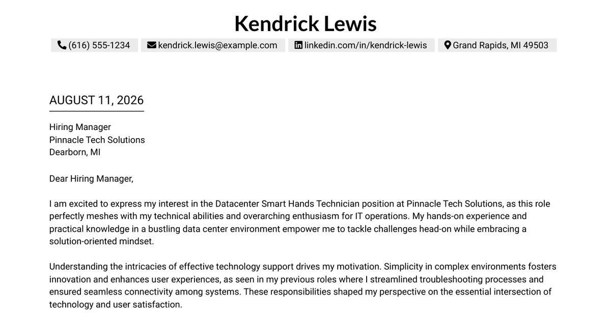 30+ Datacenter Smart Hands Technician Cover Letter Templates with Example 2026