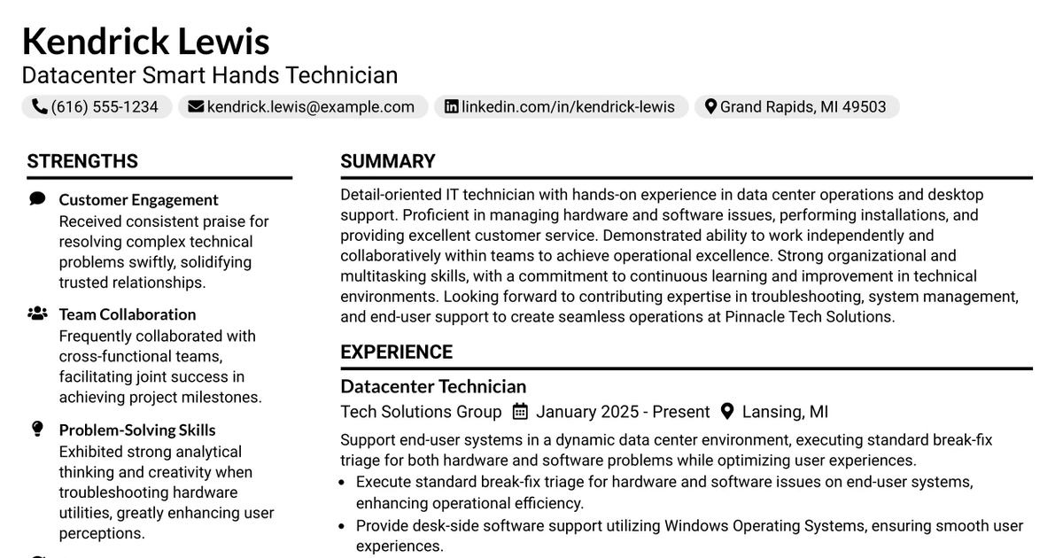 33 Datacenter Smart Hands Technician Resume Templates with Example 2026 (ATS-Optimized)