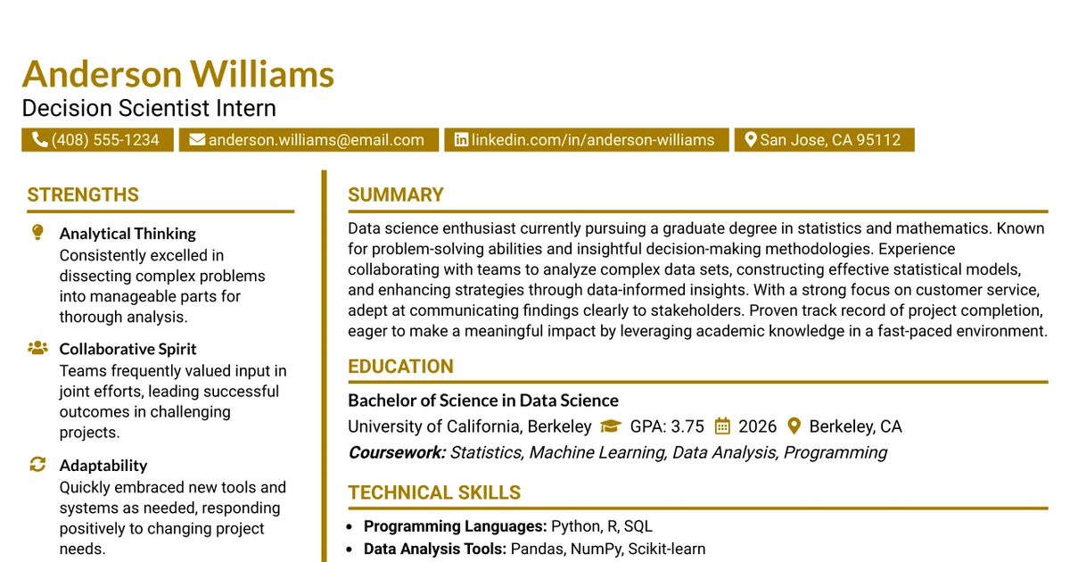 33 Decision Scientist Intern Resume Templates with Example 2026 (ATS-Optimized)