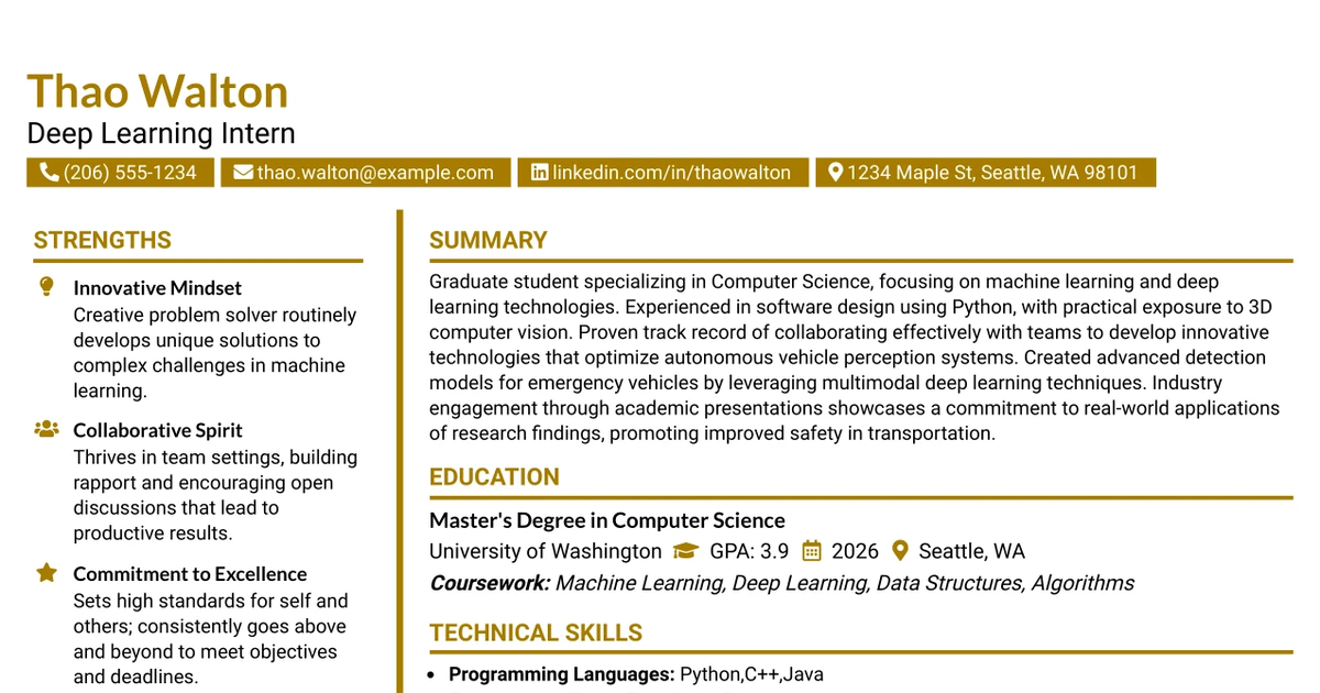 33 Deep Learning Intern Resume Templates with Example 2026 (ATS-Optimized)