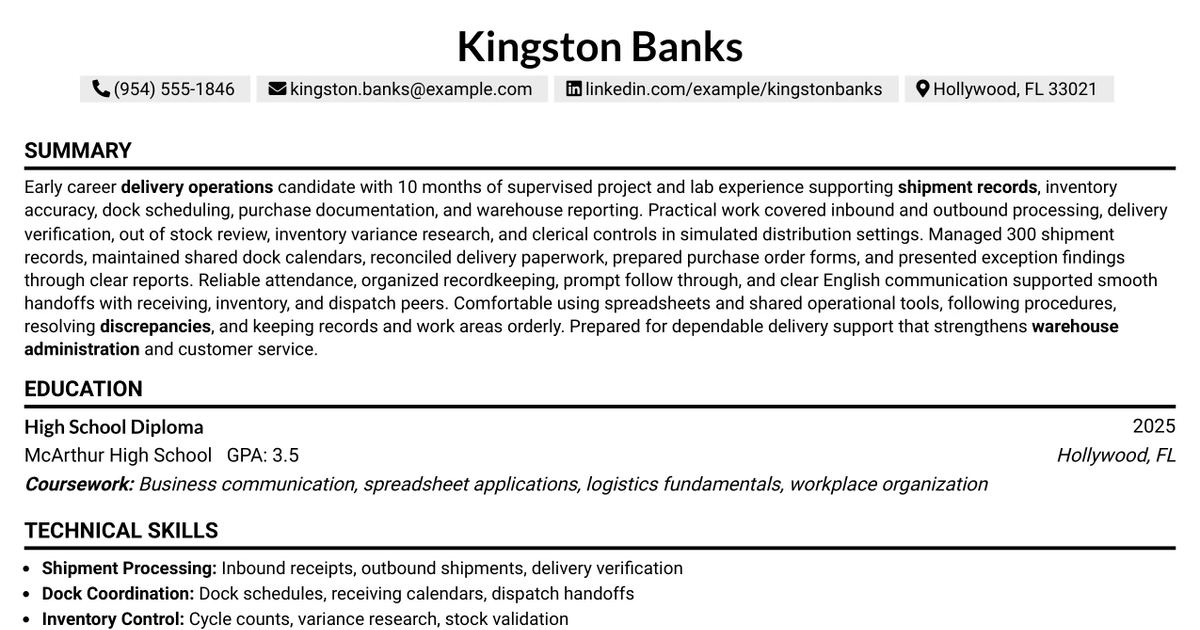 33 Delivery Clerk - Delivery Operations Support Resume Templates with Example 2026 (ATS-Optimized)